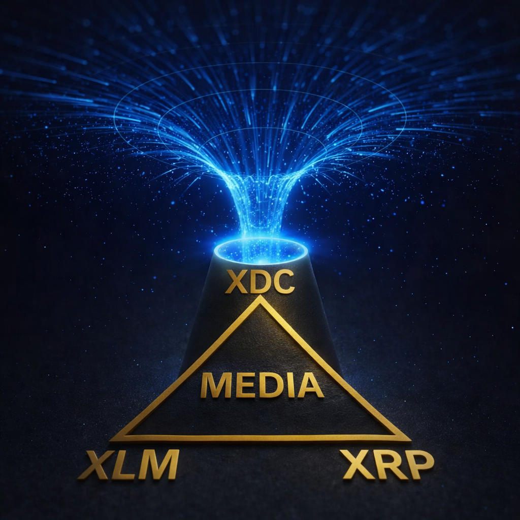 A blue portal or black hole opens into a gold triangle representing the token economy, with XDC at the top, XLM at the bottom left, XRP at the bottom right, and Media at the center.